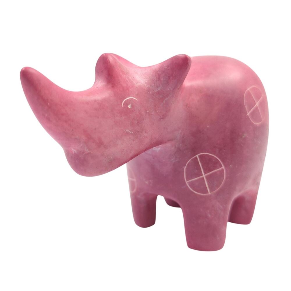 Pink Stone Carved Rhinoceros Figurine Sculpture Decor Soapstone Animal Art 3.75"